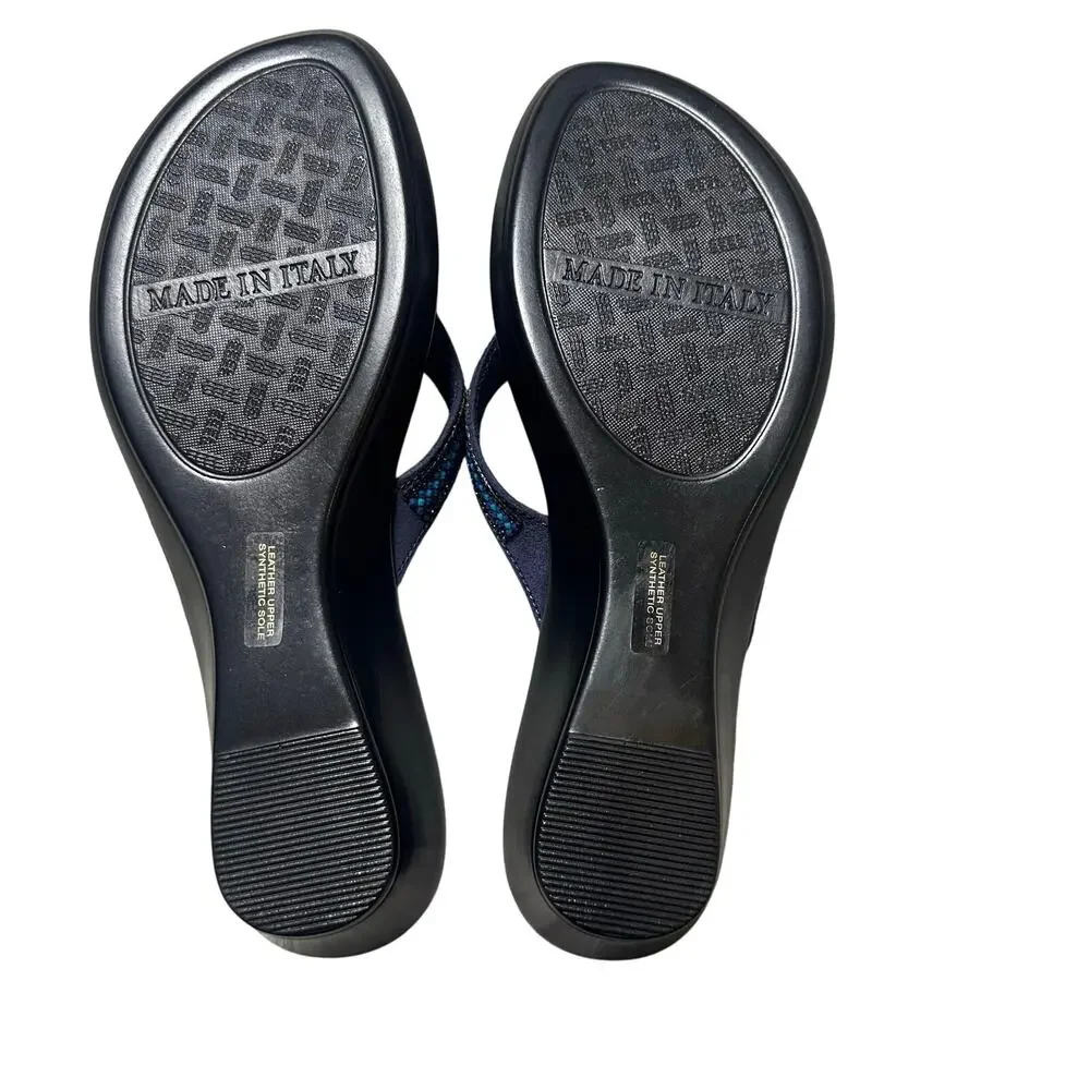 Italian Shoemakers Blue Leather and Rhinestone Wedge Sandals - Picture 5 of 6